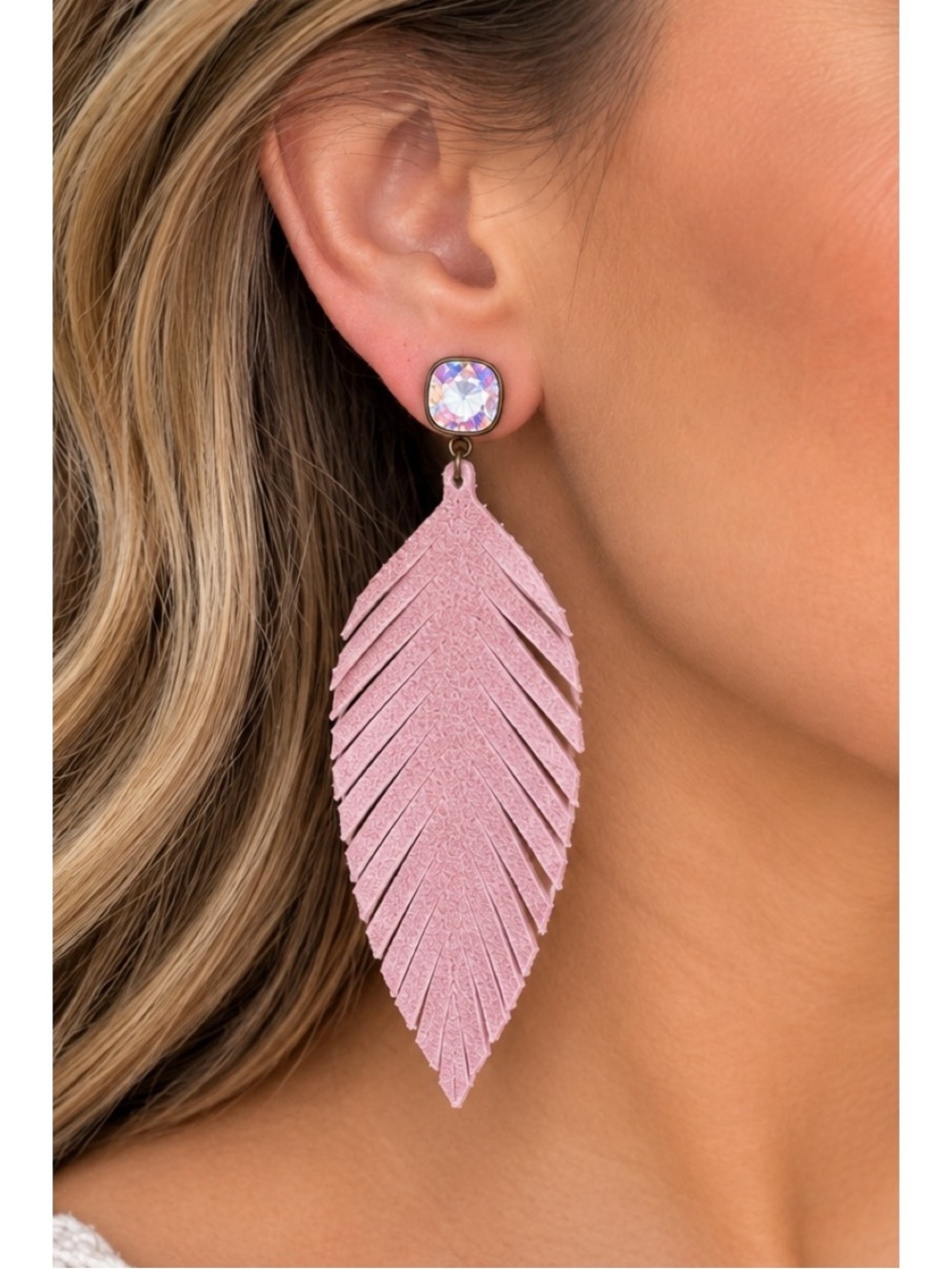 Pink panache AB Cushion Cut pink suede leather Feather Earrings